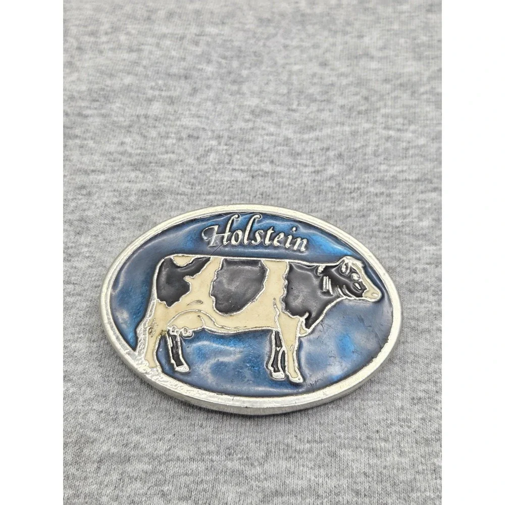 Vintage Holstein Cattle Farmer Cow Blue Black White Enamel Belt Buckle Farm